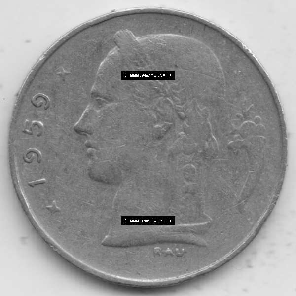 Grau bzw. s/w Münzen Belgien Umlaufmünze 1950-1988, 1 Francs-Franken 1959 Belgie. Rückseite der alten belgischen Francs Umlaufmünze aus Belgien vor Einführung der Euromünzen... Sammlung Graustufen