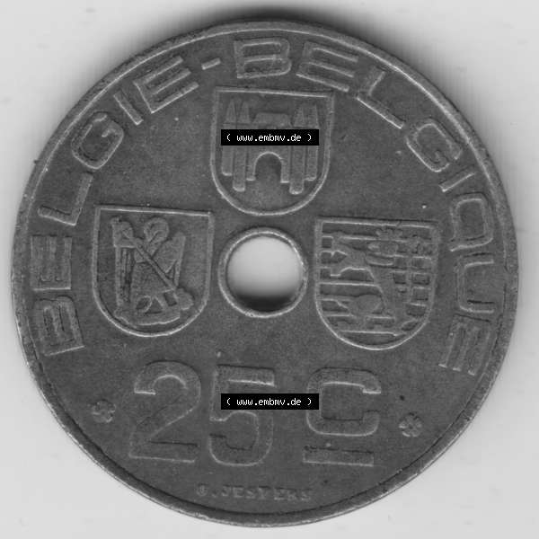 Grau bzw. s/w Münzen Belgien Umlaufmünze 1942-1946, 25 Centimes 1944 Belgie - Belgique. Vorderseite der alten belgischen Francs Umlaufmünze aus Belgien vor Einführung der Euromünzen... Sammlung Graustufen