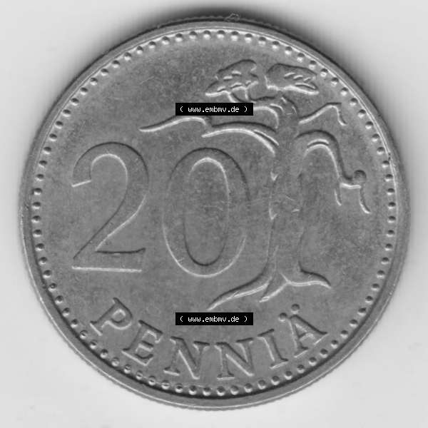 Grau bzw. s/w Münzen Finnland, SUOMI Umlaufmünze 1963-1990, 20 Penniä 1980. Vorderseite der alten finnischen Umlaufmünze aus Finnland SUOMI zum katalogisieren und verwalten im... Sammlung Graustufen
