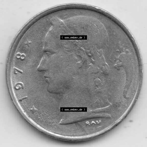 Grau bzw. s/w Münzen Belgien Umlaufmünze 1950-1988, 1 Francs-Franken 1978 Belgie. Rückseite der alten belgischen Francs Umlaufmünze aus Belgien vor Einführung der Euromünzen... Sammlung Graustufen