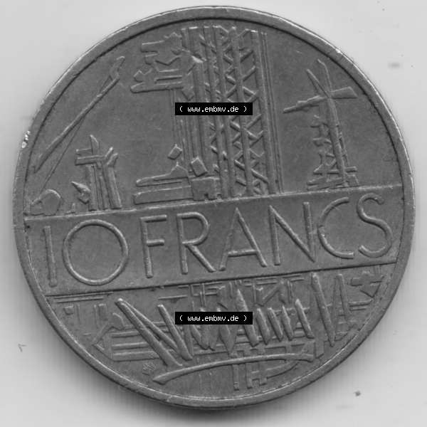 Grau bzw. s/w Münze Frankreich 1974-1987, 10 Franken-Francs 1984. Vorderseite der alten französischen Umlaufmünze aus Frankreich in der Francs-Währung zum katalogisieren und verwalten... Sammlung Graustufen
