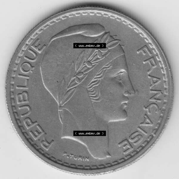 Grau bzw. s/w Münze Frankreich 1947-1949, 10 Francs, Franken 1948. Rückseite der alten französischen Umlaufmünze aus Frankreich in der Francs-Währung zum katalogisieren und... Sammlung Graustufen