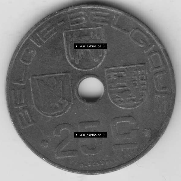Grau bzw. s/w Münzen Belgien Umlaufmünze 1942-1946, 25 Centimes 1943 Belgie - Belgique. Vorderseite der alten belgischen Francs Umlaufmünze aus Belgien vor Einführung der Euromünzen... Sammlung Graustufen