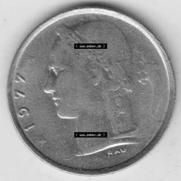 Grau bzw. s/w Münzen Belgien Umlaufmünze 1950-1988, 1 Francs-Franken 1977 Belgie. Rückseite der alten belgischen Francs Umlaufmünze aus Belgien vor Einführung der Euromünzen... Sammlung Graustufen