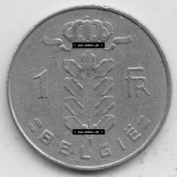 Grau bzw. s/w Münzen Belgien Umlaufmünze 1950-1988, 1 Francs-Franken 1965 Belgie. Vorderseite der alten belgischen Francs Umlaufmünze aus Belgien vor Einführung der Euromünzen in... Sammlung Graustufen