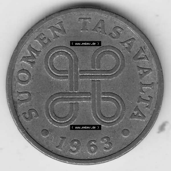 Grau bzw. s/w Münzen Finnland, SUOMI Umlaufmünze 1963-1969, 1 Penni 1963. Rückseite der alten finnischen Umlaufmünze aus Finnland SUOMI zum katalogisieren und verwalten im Münzen-Katalog... Sammlung Graustufen