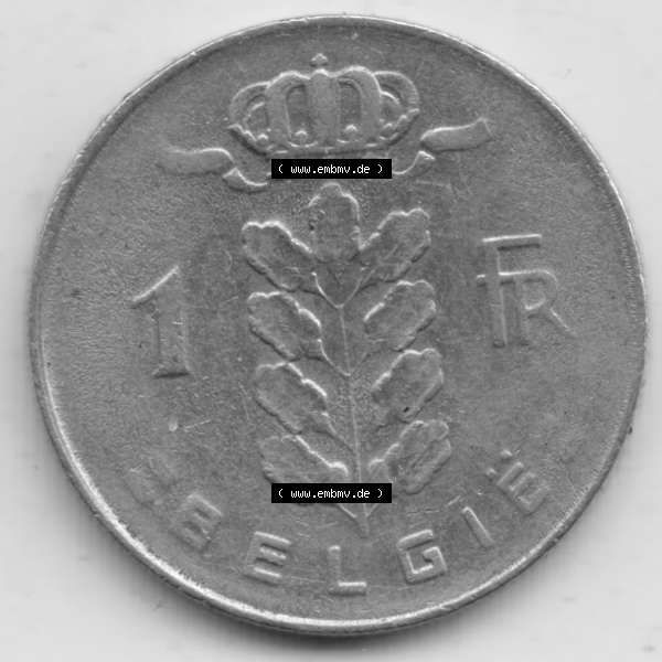 Grau bzw. s/w Münzen Belgien Umlaufmünze 1950-1988, 1 Francs-Franken 1977 Belgie. Vorderseite der alten belgischen Francs Umlaufmünze aus Belgien vor Einführung der Euromünzen in... Sammlung Graustufen