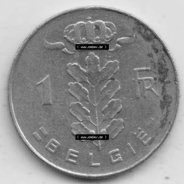Grau bzw. s/w Münzen Belgien Umlaufmünze 1950-1988, 1 Francs-Franken 1975 Belgie. Vorderseite der alten belgischen Francs Umlaufmünze aus Belgien vor Einführung der Euromünzen in... Sammlung Graustufen