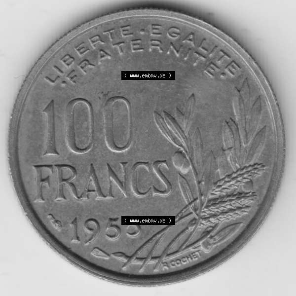 Grau bzw. s/w Münze Frankreich 1954-1958, 100 Francs, Franken Typ II 1955. Vorderseite der alten französischen Umlaufmünze aus Frankreich in der Francs-Währung zum katalogisieren... Sammlung Graustufen