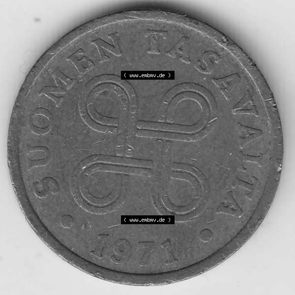 Grau bzw. s/w Münzen Finnland, SUOMI Umlaufmünze 1963-1977, 5 Penniä 1971. Rückseite der alten finnischen Umlaufmünze aus Finnland SUOMI zum katalogisieren und verwalten im... Sammlung Graustufen