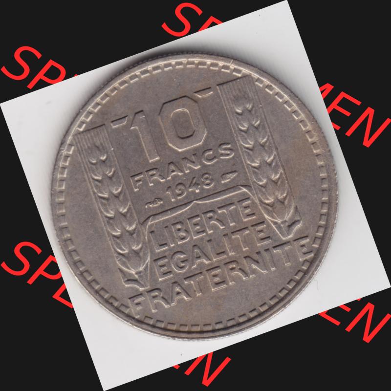 Münze Frankreich 1947-1949, 10 Francs, Franken 1948. Vorderseite der alten französischen Umlaufmünze aus Frankreich in der Francs-Währung zum katalogisieren und verwalten... Sammlung