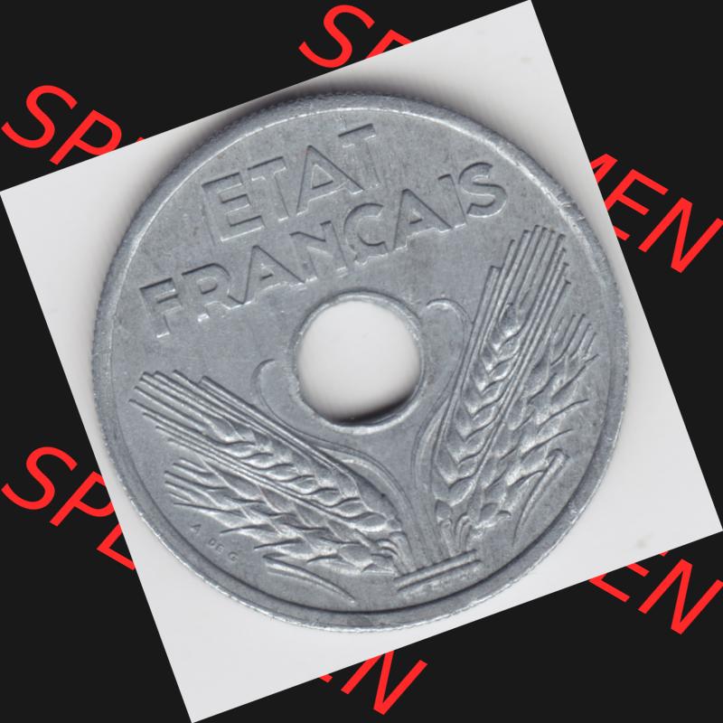 Münze Frankreich 1941-1941, VINGT 20 Centimes, Cent. Rückseite der alten französischen Umlaufmünze aus Frankreich in der Francs-Währung zum katalogisieren und... Sammlung