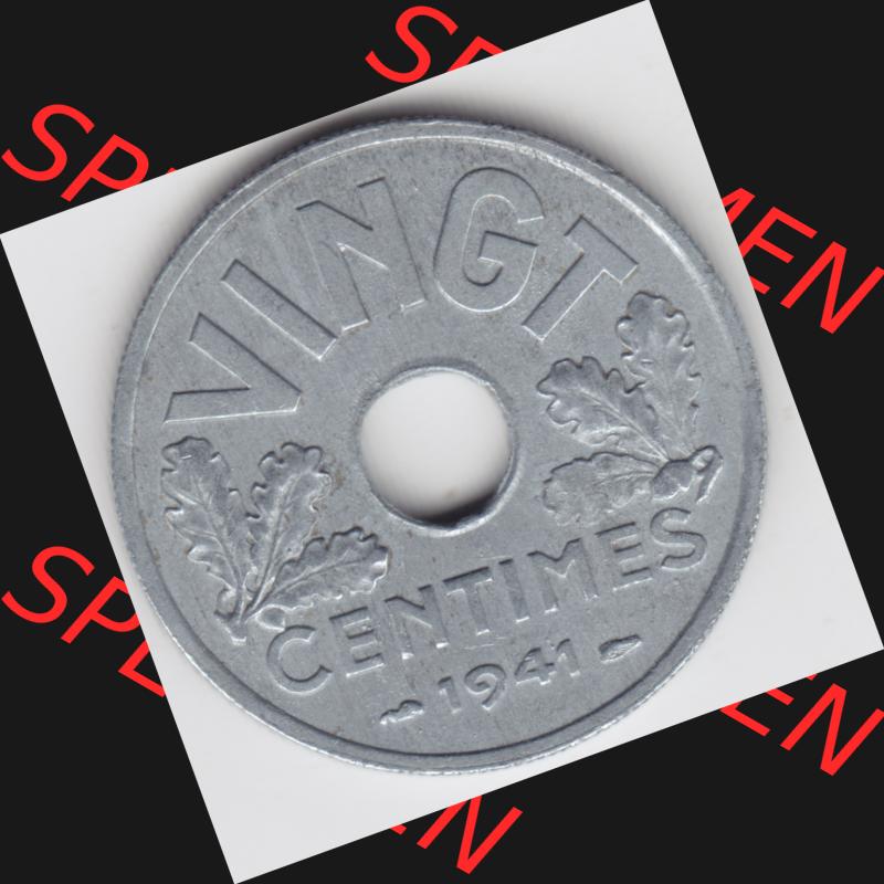 Münze Frankreich 1941-1941, VINGT 20 Centimes, Cent. Vorderseite der alten französischen Umlaufmünze aus Frankreich in der Francs-Währung zum katalogisieren und verwalten... Sammlung