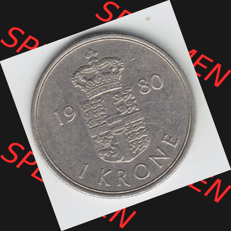 Münzen Dänemark Umlaufmünze 1979-1981, 1 Krone 1980 Kursmünze. Vorderseite der alten dänischen Umlaufmünze aus Dänemark zum katalogisieren und verwalten... Sammlung