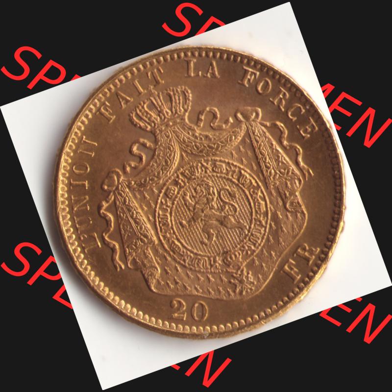 Münzen Belgien Goldmünze 1870-1882, 20 Franken - Francs 1875 Leopold II.. Vorderseite der alten belgischen Francs Umlaufmünze aus Belgien vor Einführung der Euromünzen... Sammlung