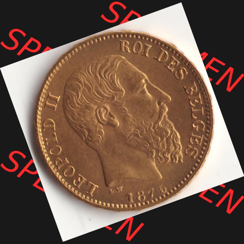 Münzen Belgien Goldmünze 1870-1882, 20 Franken - Francs 1875 Leopold II.. Rückseite der alten belgischen Francs Umlaufmünze aus Belgien vor Einführung der Euromünzen... Sammlung
