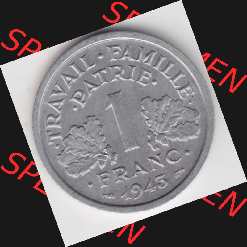 Münze Frankreich 1942-1944, 1 Franc, Franken 1943. Vorderseite der alten französischen Umlaufmünze aus Frankreich in der Francs-Währung zum katalogisieren und verwalten... Sammlung