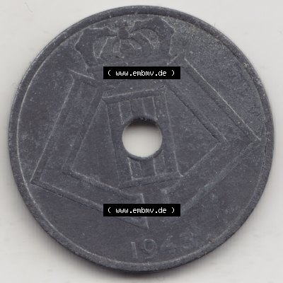 Münzen Belgien Umlaufmünze 1942-1946, 25 Centimes 1943 Belgie - Belgique. Rückseite der alten belgischen Francs Umlaufmünze aus Belgien vor Einführung der Euromünzen... Sammlung
