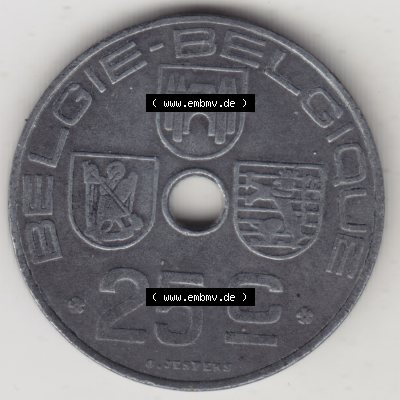 Münzen Belgien Umlaufmünze 1942-1946, 25 Centimes 1944 Belgie - Belgique. Vorderseite der alten belgischen Francs Umlaufmünze aus Belgien vor Einführung der Euromünzen... Sammlung