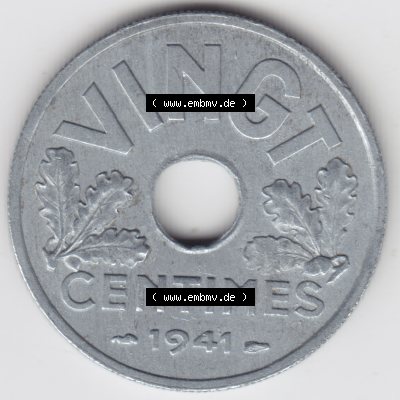 Münze Frankreich 1941-1941, VINGT 20 Centimes, Cent. Vorderseite der alten französischen Umlaufmünze aus Frankreich in der Francs-Währung zum katalogisieren und verwalten... Sammlung