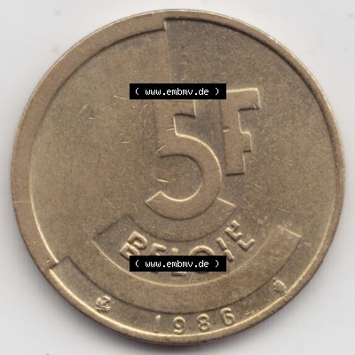Münzen Belgien Umlaufmünze 1986-1993, 5 Francs 1986 Belgie. Vorderseite der alten belgischen Francs Umlaufmünze aus Belgien vor Einführung der Euromünzen in Belgien... Sammlung
