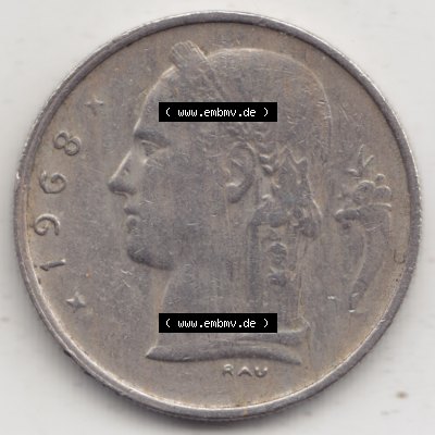 Münzen Belgien Umlaufmünze 1950-1988, 1 Francs-Franken 1968 Belgie, Bild mit Rückseite der Münze zum Download Sammlung