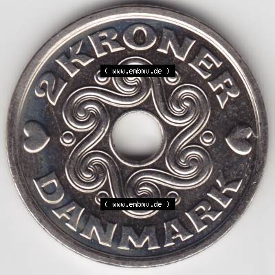 Münzen Dänemark Umlaufmünze 2007, 2 Kroner, Kronen. Vorderseite der alten dänischen Umlaufmünze aus Dänemark zum katalogisieren und verwalten im Münzen-Katalog... Sammlung