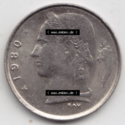 Münzen Belgien Umlaufmünze 1950-1988, 1 Franc 1980 Belgique. Rückseite der alten belgischen Francs Umlaufmünze aus Belgien vor Einführung der Euromünzen in Belgien... Sammlung