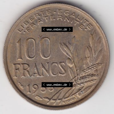Münze Frankreich 1954-1958, 100 Francs, Franken Typ II 1955. Vorderseite der alten französischen Umlaufmünze aus Frankreich in der Francs-Währung zum katalogisieren... Sammlung
