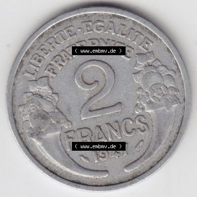Münze Frankreich 1941-1959, 2 Francs, Franken 1947. Vorderseite der alten französischen Umlaufmünze aus Frankreich in der Francs-Währung zum katalogisieren und verwalten... Sammlung