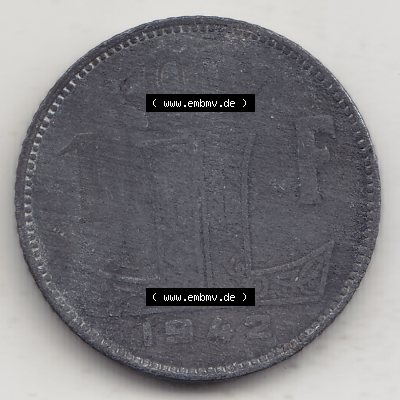 Münzen Belgien Umlaufmünze 1942-1947, 1 Franken 1942 Belgie - Belgique. Vorderseite der alten belgischen Francs Umlaufmünze aus Belgien vor Einführung der Euromünzen... Sammlung