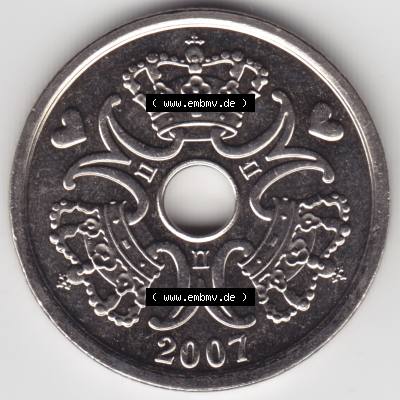 Münzen Dänemark Umlaufmünze 2007, 2 Kroner, Kronen. Rückseite der alten dänischen Umlaufmünze aus Dänemark zum katalogisieren und verwalten im Münzen-Katalog... Sammlung