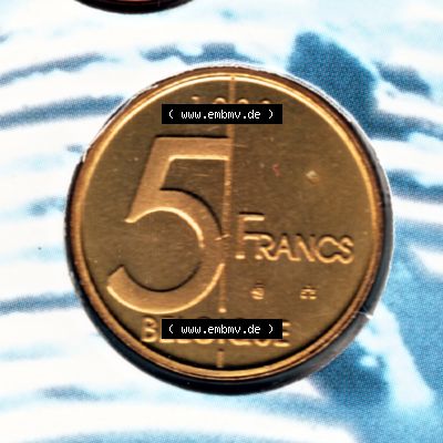 Münzen Belgien Umlaufmünze Münzsatz Sabena 1998, 5 Francs. Vorderseite der alten belgischen Francs Umlaufmünze aus Belgien vor Einführung der Euromünzen in Belgien... Sammlung
