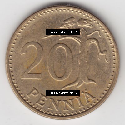 Münzen Finnland, SUOMI Umlaufmünze 1963-1990, 20 Penniä 1980. Vorderseite der alten finnischen Umlaufmünze aus Finnland SUOMI zum katalogisieren und verwalten im... Sammlung
