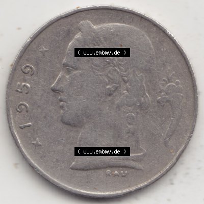Münzen Belgien Umlaufmünze 1950-1988, 1 Francs-Franken 1959 Belgie. Rückseite der alten belgischen Francs Umlaufmünze aus Belgien vor Einführung der Euromünzen... Sammlung