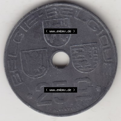 Münzen Belgien Umlaufmünze 1942-1946, 25 Centimes 1943 Belgie - Belgique. Vorderseite der alten belgischen Francs Umlaufmünze aus Belgien vor Einführung der Euromünzen... Sammlung