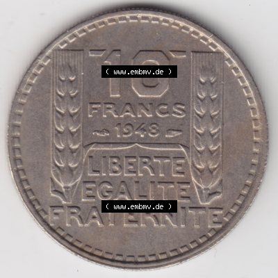 Münze Frankreich 1947-1949, 10 Francs, Franken 1948. Vorderseite der alten französischen Umlaufmünze aus Frankreich in der Francs-Währung zum katalogisieren und verwalten... Sammlung