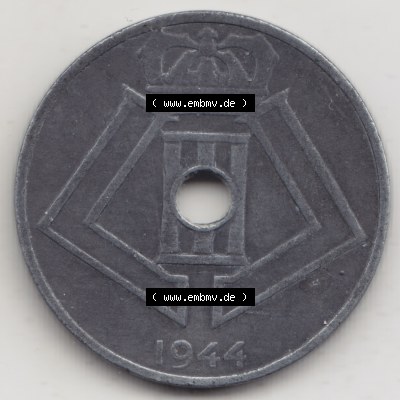 Münzen Belgien Umlaufmünze 1942-1946, 25 Centimes 1944 Belgie - Belgique. Rückseite der alten belgischen Francs Umlaufmünze aus Belgien vor Einführung der Euromünzen... Sammlung
