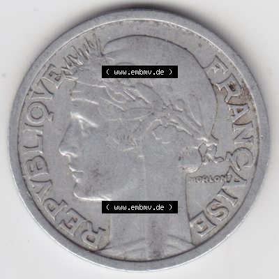 Münze Frankreich 1941-1959, 2 Francs, Franken 1947. Rückseite der alten französischen Umlaufmünze aus Frankreich in der Francs-Währung zum katalogisieren und... Sammlung
