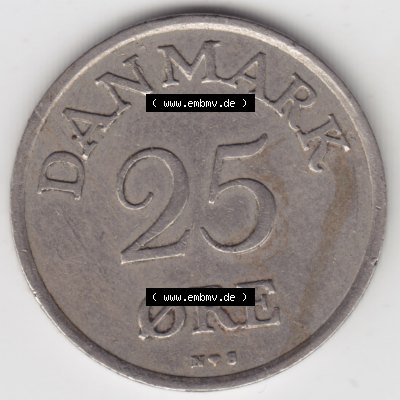 Münzen Dänemark Umlaufmünze 1948-1955, 25 Öre 1949 Kursmünze. Vorderseite der alten dänischen Umlaufmünze aus Dänemark zum katalogisieren und verwalten... Sammlung