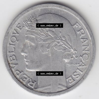 Münze Frankreich 1941-1959, 1 Francs, Franken 1958. Rückseite der alten französischen Umlaufmünze aus Frankreich in der Francs-Währung zum katalogisieren und... Sammlung