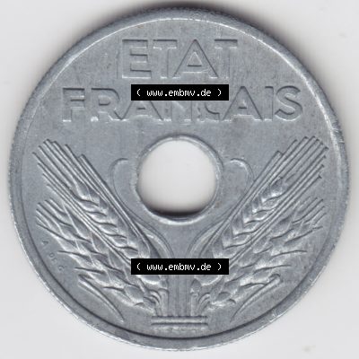 Münze Frankreich 1941-1941, VINGT 20 Centimes, Cent. Rückseite der alten französischen Umlaufmünze aus Frankreich in der Francs-Währung zum katalogisieren und... Sammlung