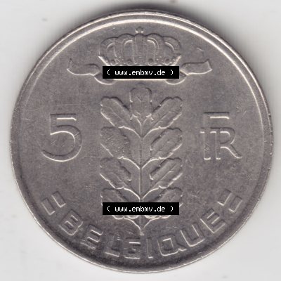 Münzen Belgien Umlaufmünze 1948-1981, 5 Francs 1977 Belgique. Vorderseite der alten belgischen Francs Umlaufmünze aus Belgien vor Einführung der Euromünzen in Belgien... Sammlung