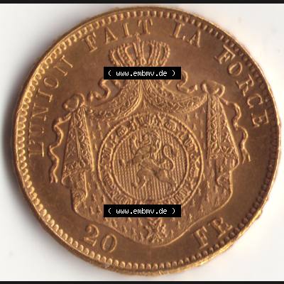 Münzen Belgien Goldmünze 1870-1882, 20 Franken - Francs 1875 Leopold II.. Vorderseite der alten belgischen Francs Umlaufmünze aus Belgien vor Einführung der Euromünzen... Sammlung