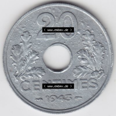 Münze Frankreich 1941-1944, 20 Centimes, Cent 1943. Vorderseite der alten französischen Umlaufmünze aus Frankreich in der Francs-Währung zum katalogisieren und verwalten... Sammlung