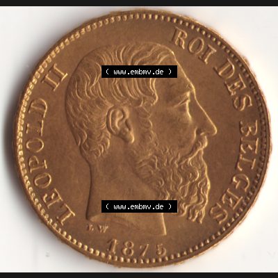 Münzen Belgien Goldmünze 1870-1882, 20 Franken - Francs 1875 Leopold II.. Rückseite der alten belgischen Francs Umlaufmünze aus Belgien vor Einführung der Euromünzen... Sammlung