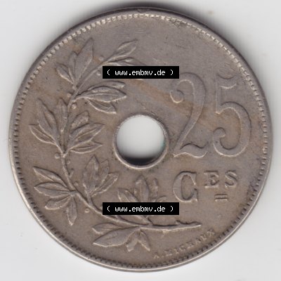 Münzen Belgien Umlaufmünze 1913-1929, 25 Ces, Centimes, Cent Koninkrijk Belgie. Vorderseite der alten belgischen Francs Umlaufmünze aus Belgien vor Einführung... Sammlung