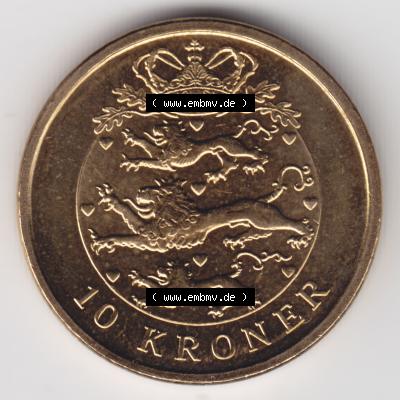 Münzen Dänemark Umlaufmünze 2008, 10 Kroner, Kronen. Vorderseite der alten dänischen Umlaufmünze aus Dänemark zum katalogisieren und verwalten im Münzen-Katalog... Sammlung