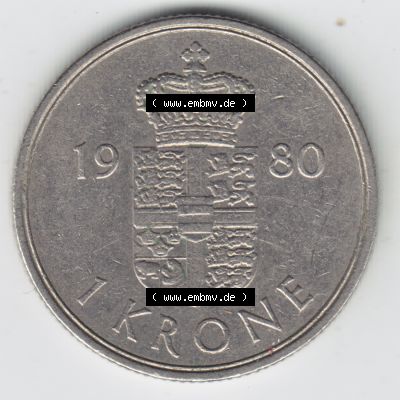 Münzen Dänemark Umlaufmünze 1979-1981, 1 Krone 1980 Kursmünze. Vorderseite der alten dänischen Umlaufmünze aus Dänemark zum katalogisieren und verwalten... Sammlung