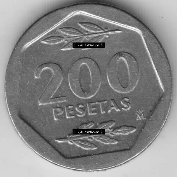 Grau bzw. s/w Münzen Spanien Umlaufmünze 1986-1988, 200 Pesetas - Peseten 1986. Vorderseite der alten Peseten Umlaufmünze aus Spanien vor Einführung der Euromünzen in Spanien zum... Sammlung Graustufen